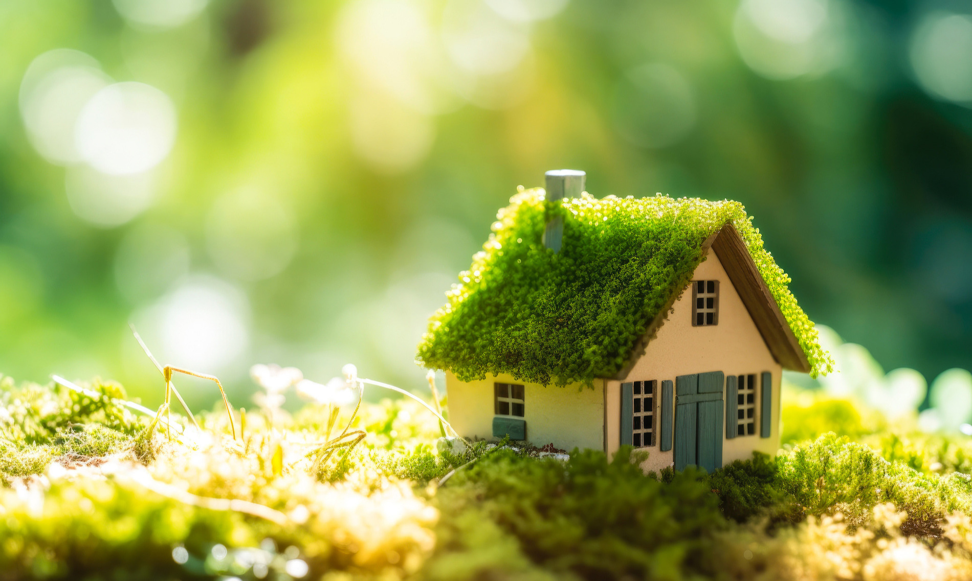 Miniature wooden house on aspring grass